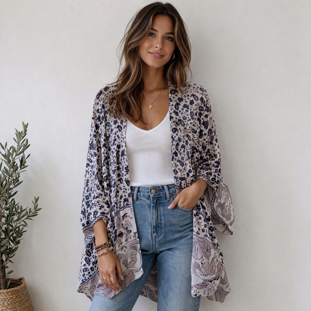 Chaser Womens Floral Velvet Burnout Kimono Cream Size Medium Large New